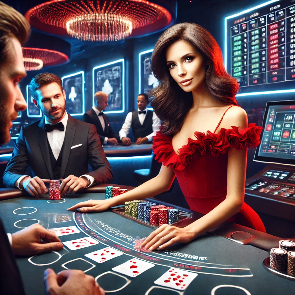 Kırmızı elbiseli bir krupiye, canlı blackjack oyununda kart dağıtıyor.