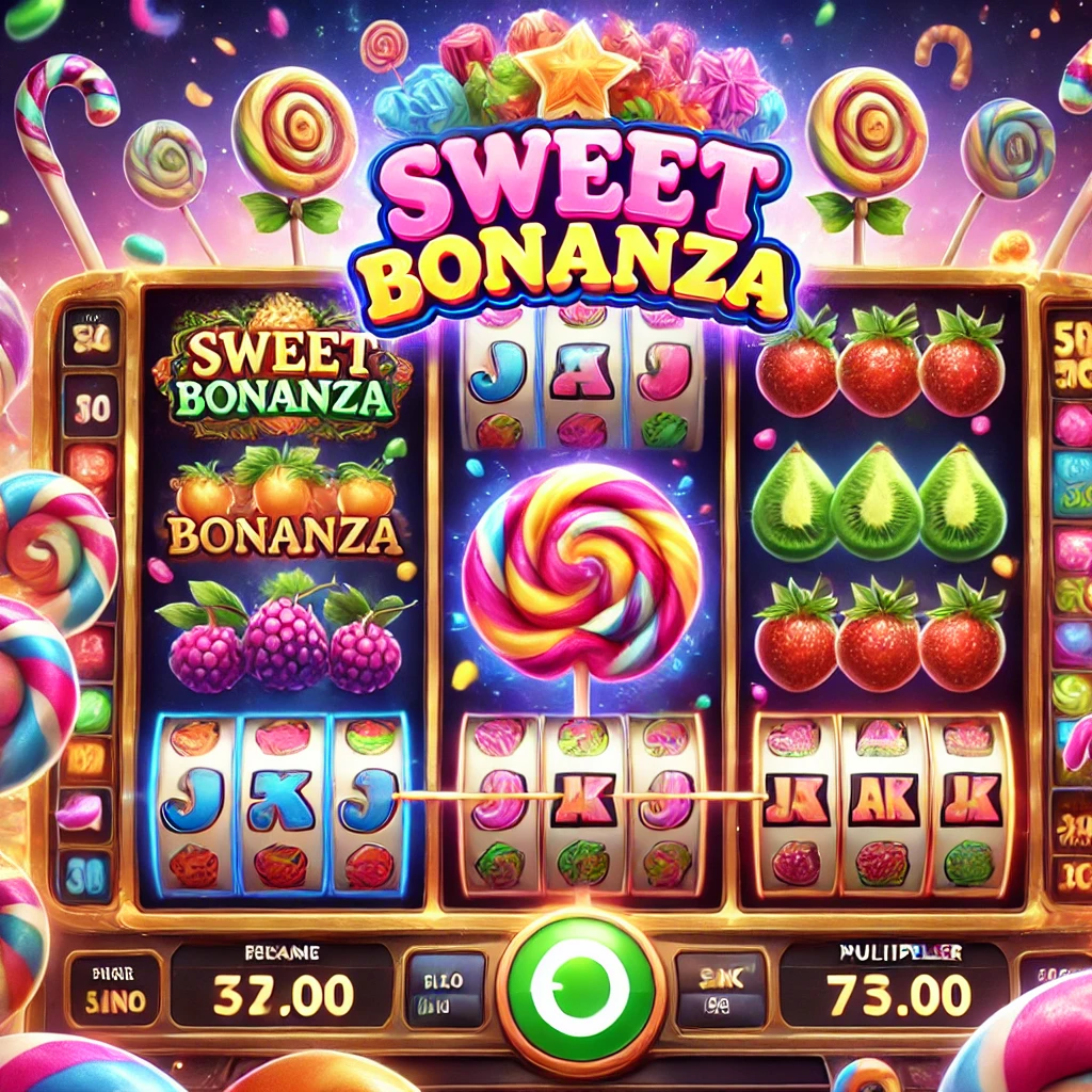 Canlı ve renkli bir Sweet Bonanza slot oyunu arayüzü, dönen şeker temalı makaralar, yüksek çarpanlar ve kazanç animasyonları ile dikkat çekiyor.