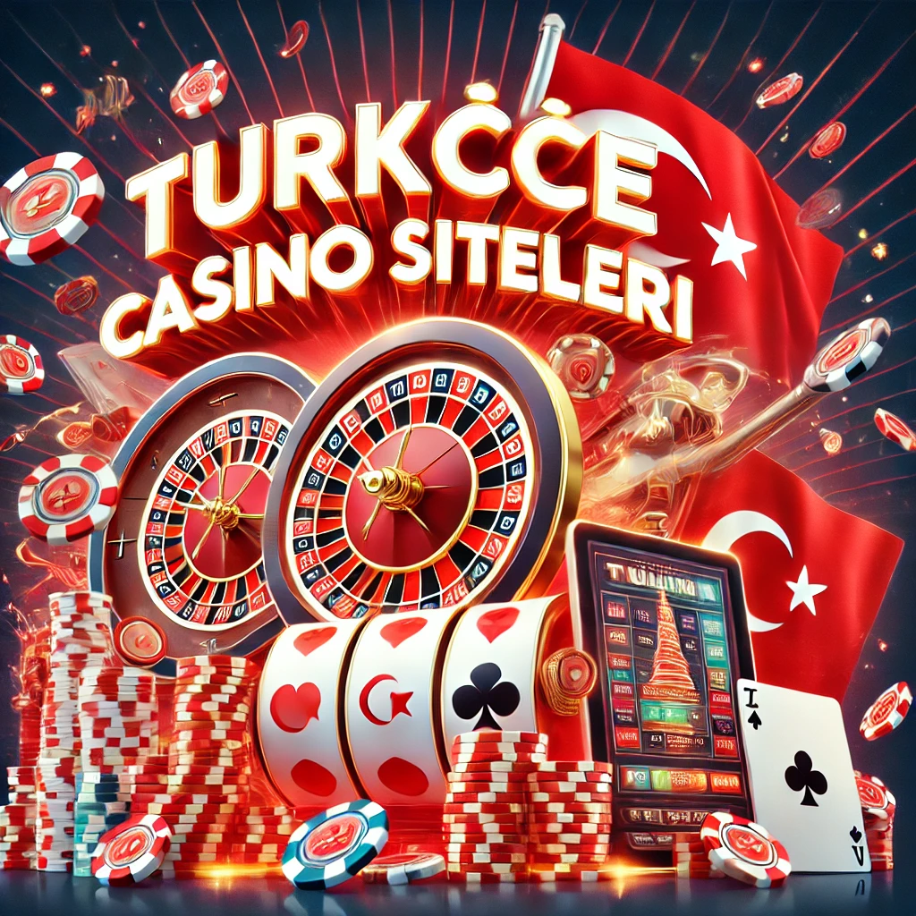 Kırmızı ve beyaz renk şeması, Türk lirası sembolleri, slot makineleri ve rulet masası içeren Türkçe casino sitesi görseli.