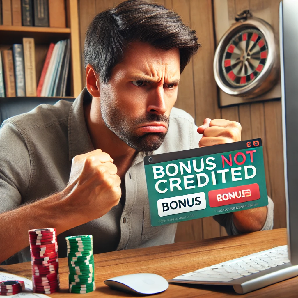 Öfkeli bir adam, casino sitesinde “Bonus Yatırılmadı” mesajını görüyor. Yumrukları sıkılı.