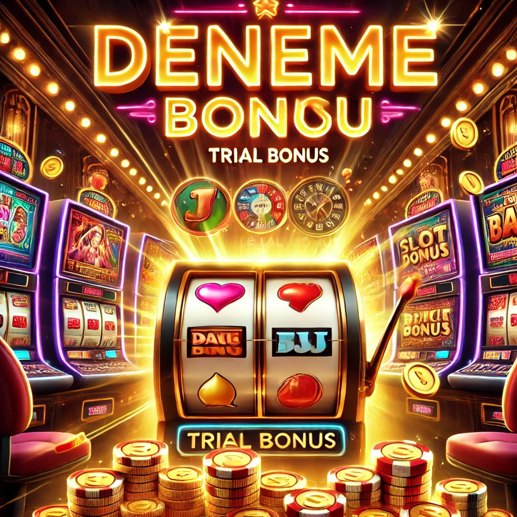 Parlayan "Deneme Bonusu" yazısı, dönen slot makineleri, kazanan semboller ve jackpot patlaması içeren casino sahnesi.